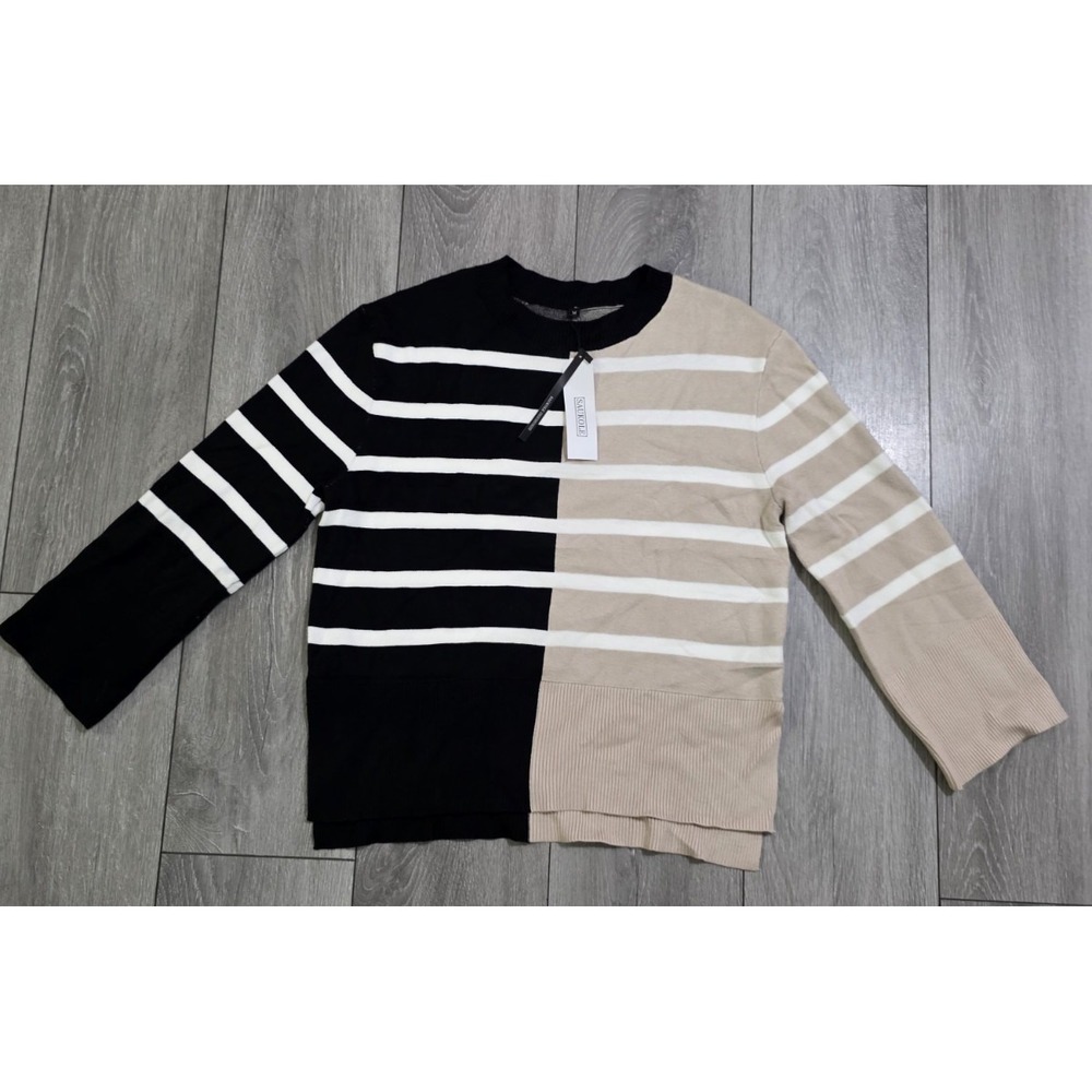 Saukole Women's Sweater M Black‎ Beige Striped Colorblock Pullover Top NWT